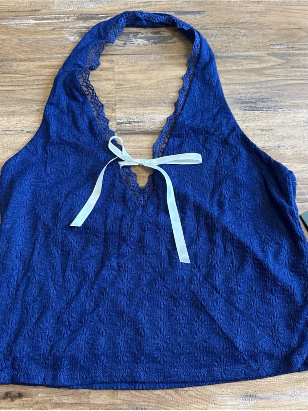 Blue Lace Halter Tank Top with Ribbon Tie